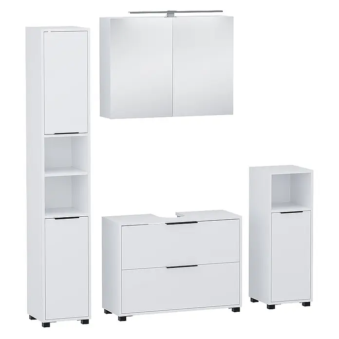 Vicco Badmöbel-Set Alina Weiß 4 Teile - Weiß, Sonstiges - Weißes Badmöbel-Set mit Hochschrank, Spiegelschrank mit Beleuchtung, Waschtischunterschrank und Beistellschrank.