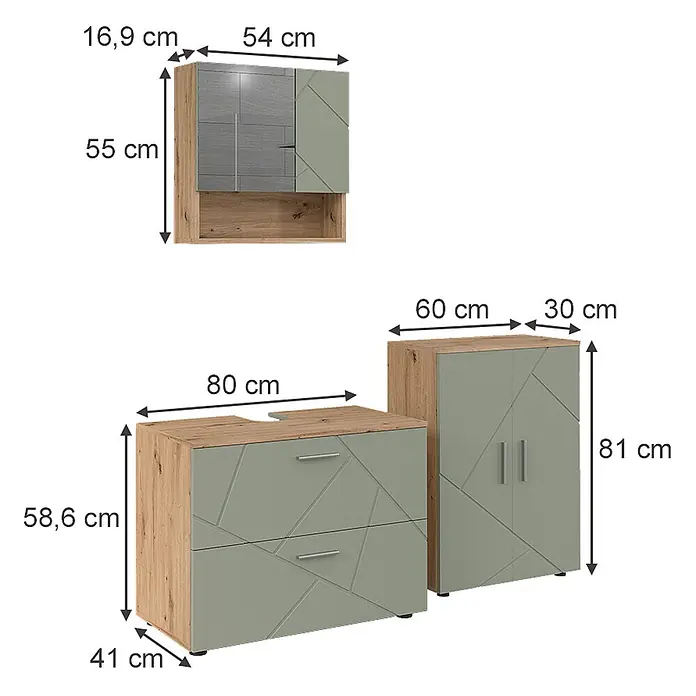 Vicco Badmöbel-Set Irma Salbeigrün 3 Teile - Salbeigrün, Glänzend - Drei modulare Möbel: Hängeschrank, niedrige Schubladenkommode, hoher Schrank, helle Holzoptik, graugrüne geometrische Fronten.