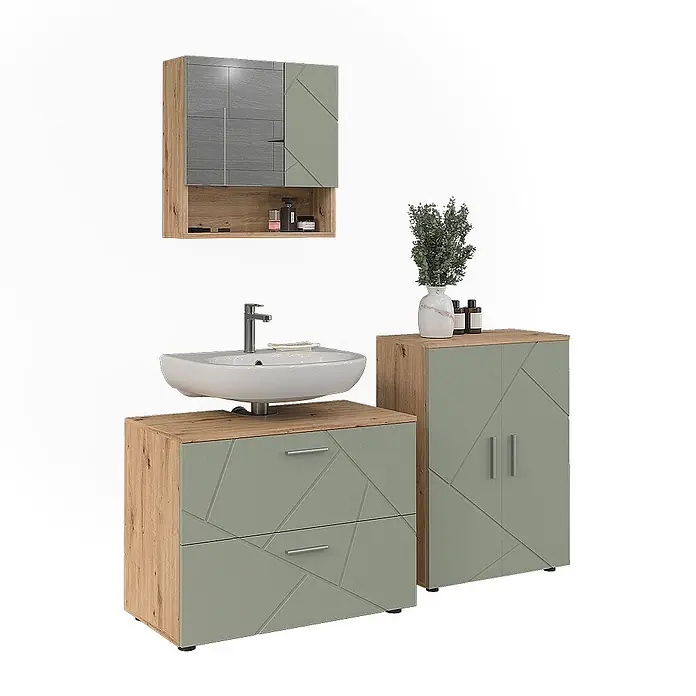 Vicco Badmöbel-Set Irma Salbeigrün 3 Teile - Salbeigrün, Glänzend - Modernes Badmöbelset: Holzoptik-Waschtischunterschrank mit weißem Waschbecken, Wandschrank und Hochschrank, alle mit salbeigrünen Geometrie-Fronten.