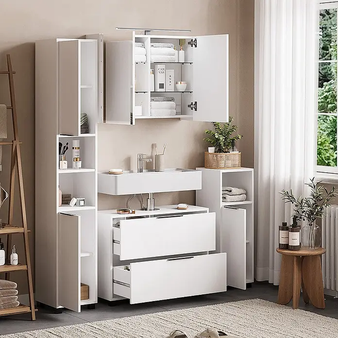 Vicco Badmöbel-Set Alina Weiß 4 Teile - Weiß, Sonstiges - Modernes weißes Badmöbelset mit Waschbecken, Hochschränken und Wandschrank mit Spiegel.