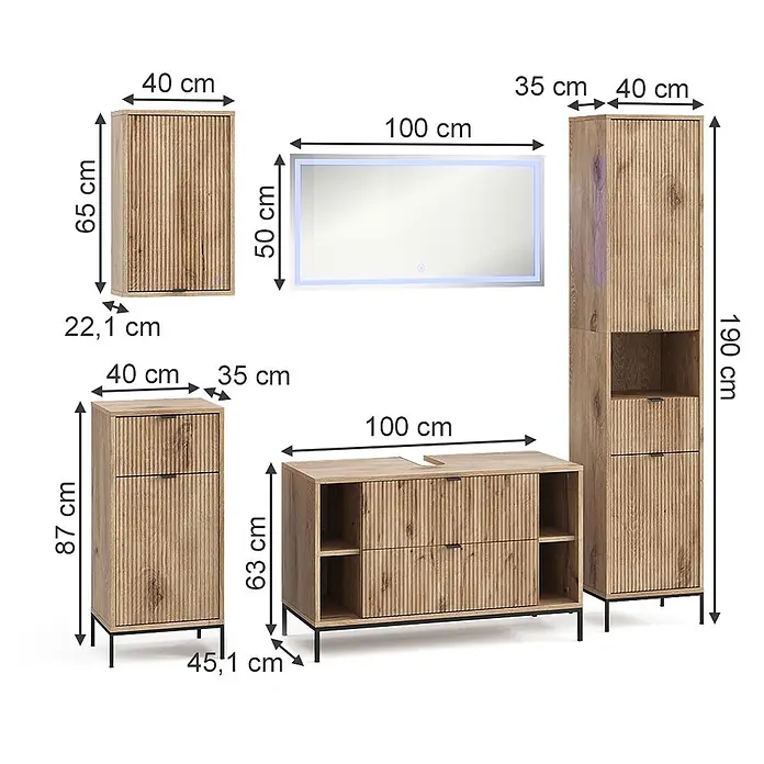 Vicco Badmöbel-Set Eliza Viking Oak 5 Teile - Viking Oak, Matt - Set heller Badezimmermöbel aus Holz mit geriffelter Textur und schwarzen Metallbeinen, inklusive Schränken, Waschtisch und beleuchtetem Spiegel.