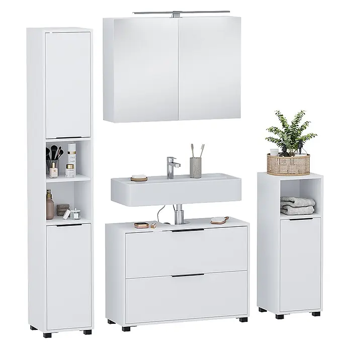 Vicco Badmöbel-Set Alina Weiß 4 Teile - Weiß, Sonstiges - Weißes modulares Badmöbel-Set mit Hochschränken, Spiegelschrank und Waschtischunterschrank für vielseitige Aufbewahrung.