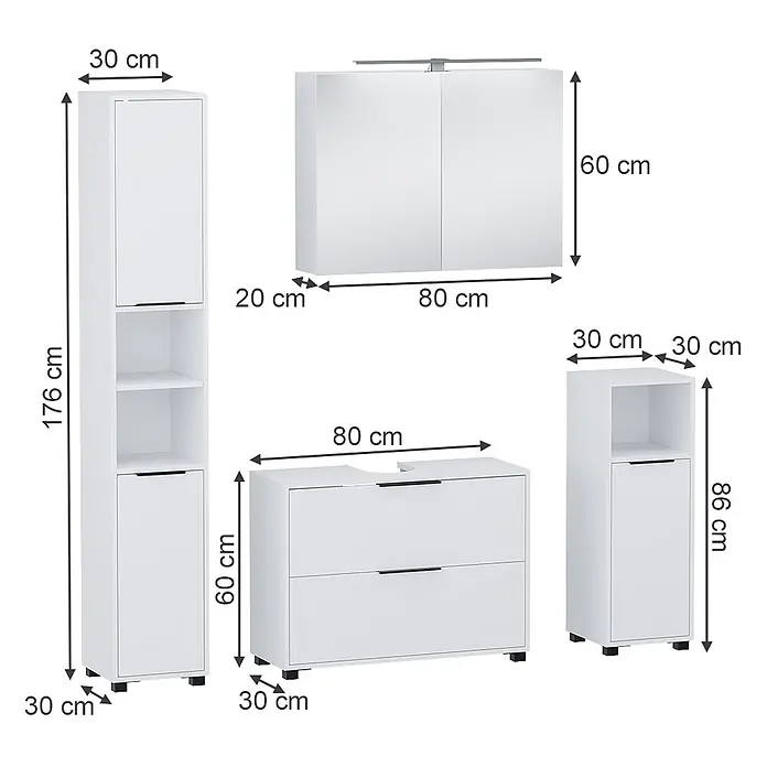 Vicco Badmöbel-Set Alina Weiß 4 Teile - Weiß, Sonstiges - Weißes, modernes Badezimmermöbel-Set mit Hoch-, Wand-, Waschtisch- und Aufbewahrungsschränken.