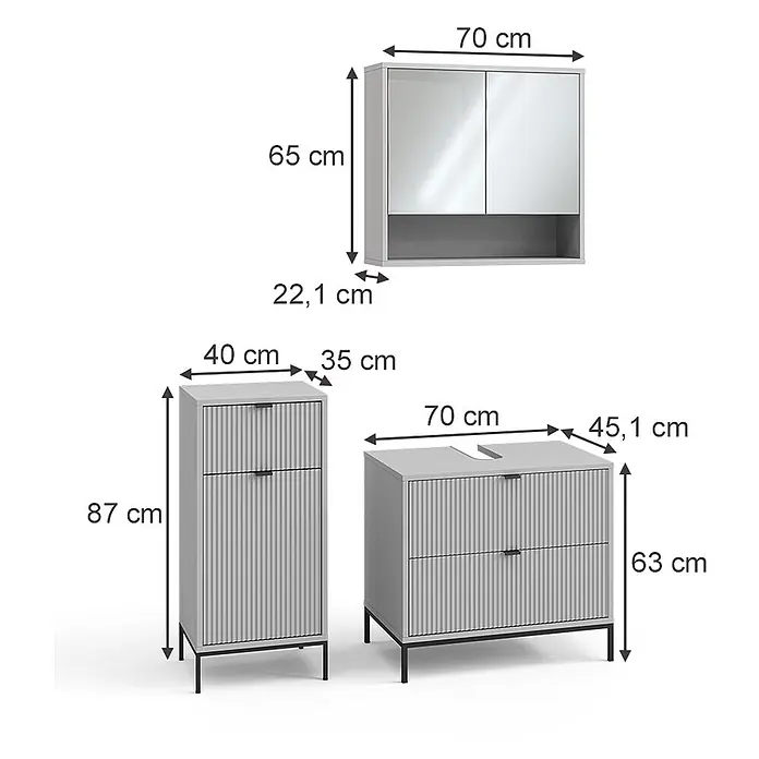 Vicco Badmöbel-Set Eliza Grau 3 Teile - Grau, Matt - Helles graues gerilltes Badezimmermöbel-Set mit Spiegelschrank, Hochschrank und Waschbeckenunterschrank auf schwarzen Beinen.