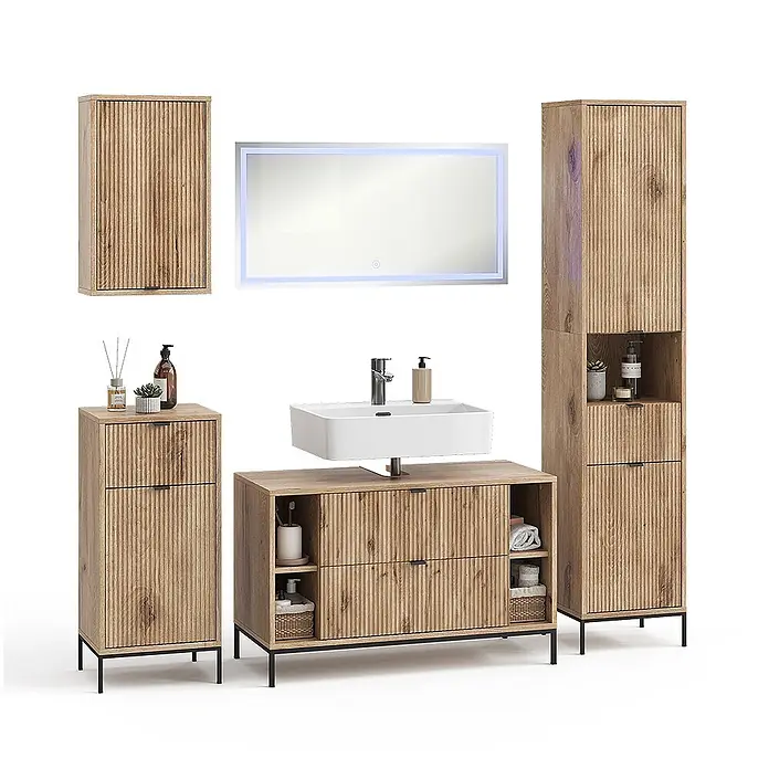 Vicco Badmöbel-Set Eliza Viking Oak 5 Teile - Viking Oak, Matt - Badezimmermöbel-Set aus hellem Holz mit Rillenstruktur: Wandschrank, Waschtisch mit Waschbecken, Boden-Schränke und beleuchteter Spiegel.
