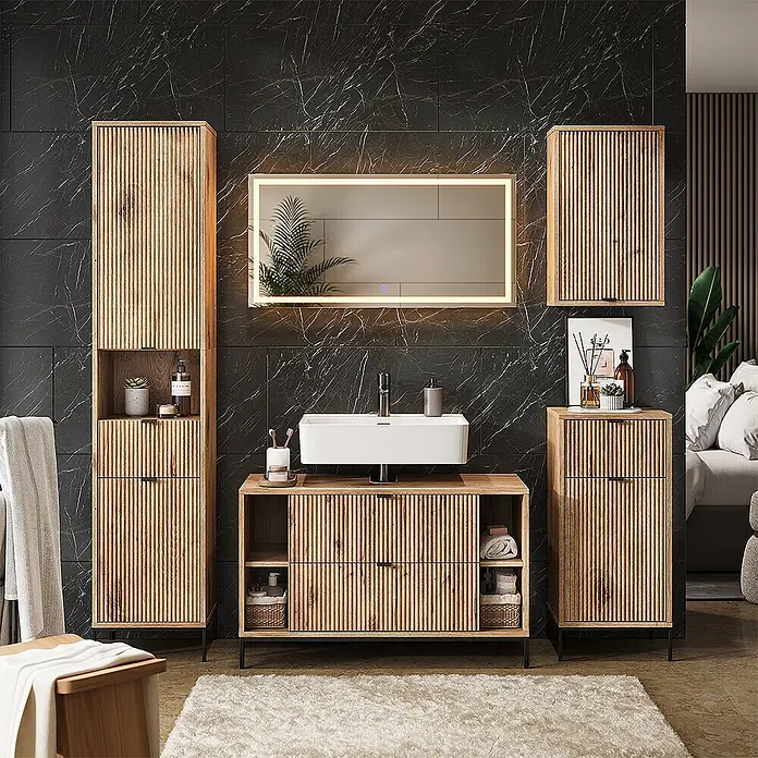 Vicco Badmöbel-Set Eliza Viking Oak 5 Teile - Viking Oak, Matt - Badezimmermöbel-Set aus hellem Holz mit gerillter Oberfläche, Waschtisch, Hoch- und Beistellschrank, Spiegel mit Beleuchtung.