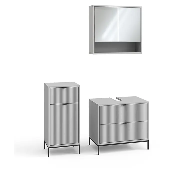 Vicco Badmöbel-Set Eliza Grau 3 Teile - Grau, Matt - Hellgraues Badset: Spiegelschrank, Hochschrank und Waschtischunterschrank mit geriffelten Fronten und schwarzen Metallbeinen.