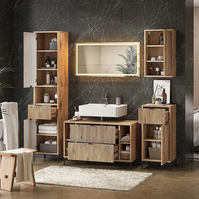 Vicco Badmöbel-Set Eliza Viking Oak 5 Teile - Viking Oak, Matt - Badezimmermöbel-Set aus Naturholz mit geriffelten Schubladen, Waschbecken und beleuchtetem Spiegel.