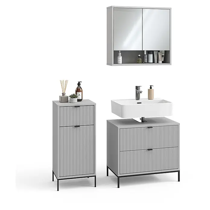 Vicco Badmöbel-Set Eliza Grau 3 Teile - Grau, Matt - Helles, geriffeltes Badmöbelset: Spiegelschrank, Hochschrank und Waschtischunterschrank mit Waschbecken.