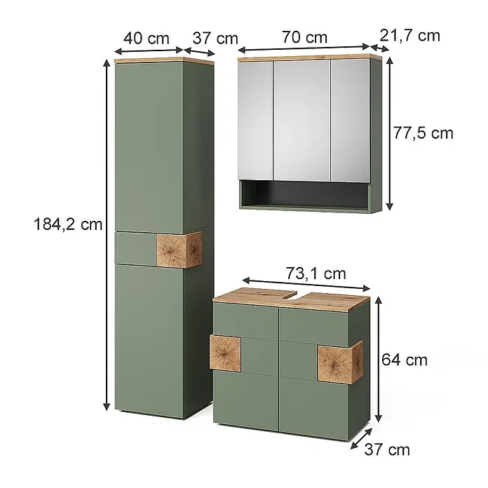 Vicco Badmöbel-Set Eden Grün 3 Teile - Gesamtbreite Badmöbel: 113,1 cm, Grün, Matt - Salbeigrünes Badmöbel-Set mit Holzplatten und Akzenten: Hochschrank, Spiegelschrank und Waschtischunterschrank.