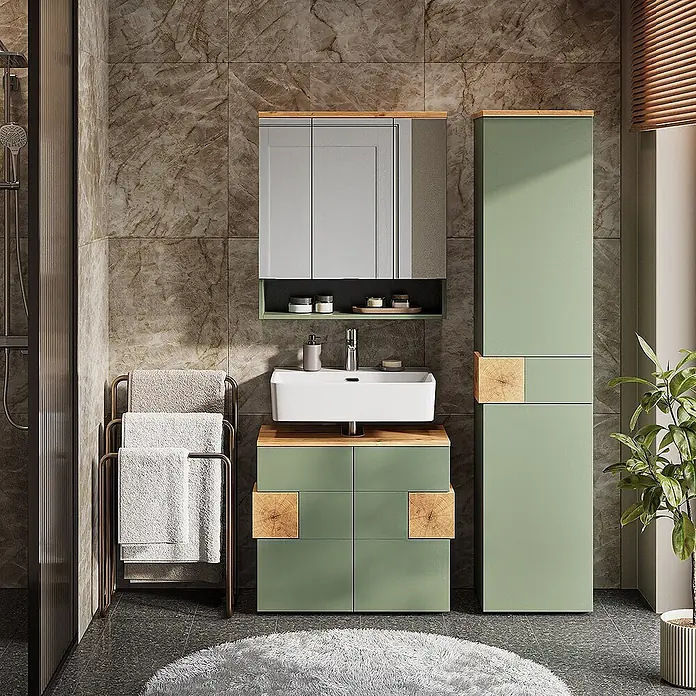 Vicco Badmöbel-Set Eden Grün 3 Teile - Gesamtbreite Badmöbel: 113,1 cm, Grün, Matt - Modernes grünes Badmöbelset mit Holzplatte, hohem Schrank, weißem Waschbecken und Spiegelschrank.