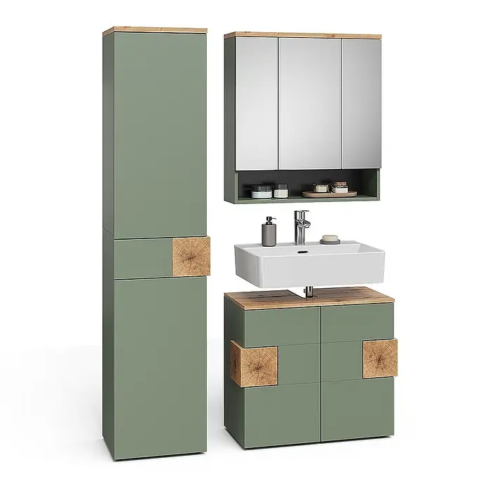 Vicco Badmöbel-Set Eden Grün 3 Teile - Gesamtbreite Badmöbel: 113,1 cm, Grün, Matt - Salbeigrünes Badmöbel-Set mit Holzelementen: Hochschrank, Waschtischunterschrank und Spiegelschrank.