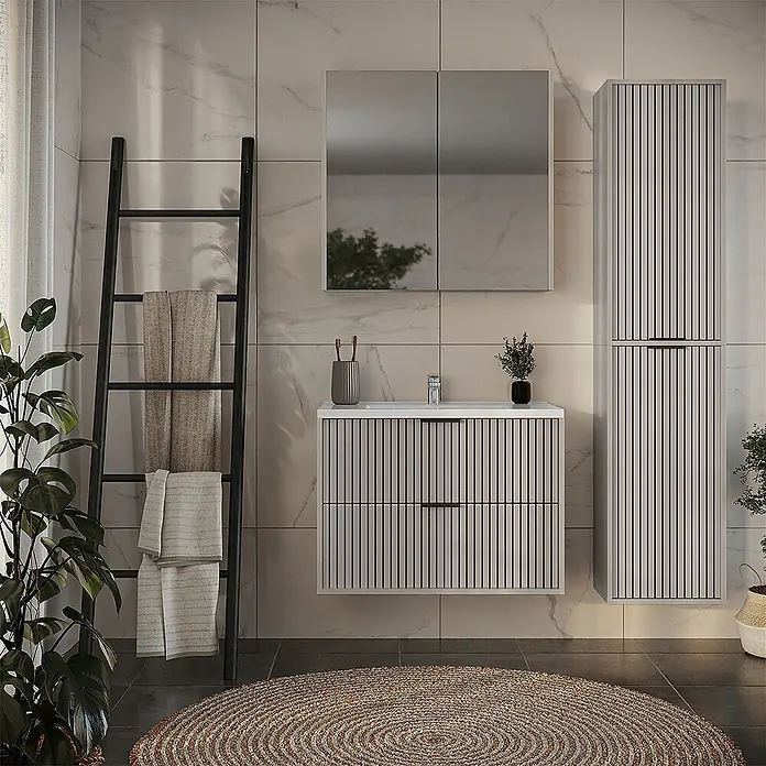 Vicco Badmöbel-Set Ruford Cashmere 4 Teile - Cashmere, Matt - Modernes Badezimmer mit hellem, lamellenförmigem Waschtisch, Waschbecken und passendem Spiegelschrank sowie Hochschrank.