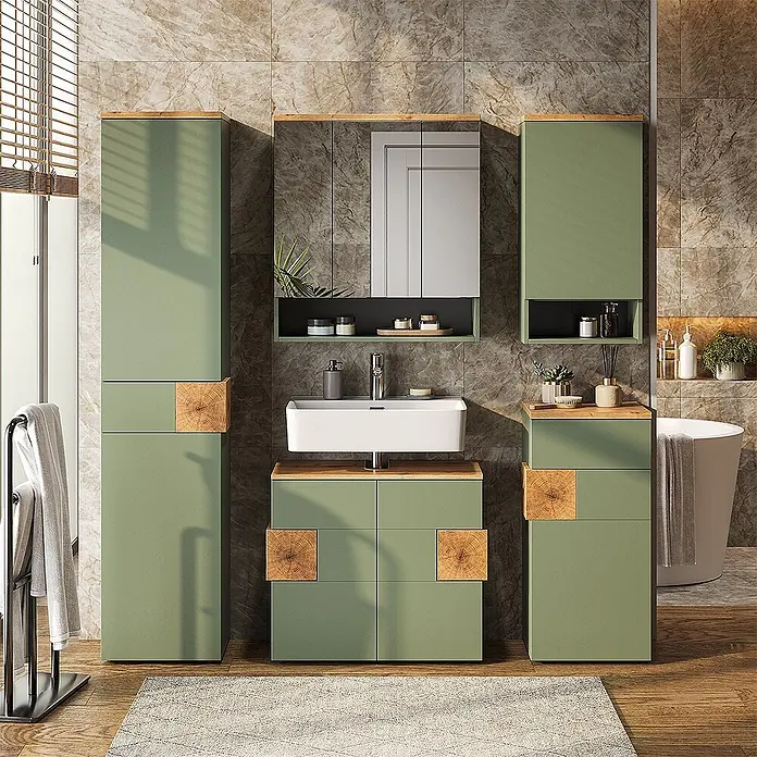 Vicco Badmöbel-Set Eden Grün 3 Teile - Gesamtbreite Badmöbel: 113,1 cm, Grün, Matt - Modernes salbeigrünes Badmöbelset mit Naturholz-Akzenten, bestehend aus Waschtisch, Hochschränken und Spiegelschrank.