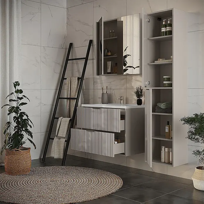 Vicco Badmöbel-Set Ruford Cashmere 4 Teile - Cashmere, Matt - Hellgraues Badezimmer-Waschtischset mit Waschbecken, Spiegelschrank und Hochschrank, mit Lamellenfronten der Schubladen.