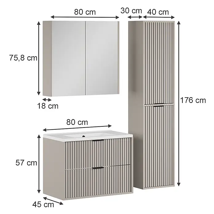 Vicco Badmöbel-Set Ruford Cashmere 4 Teile - Cashmere, Matt - Modernes hellbeiges Badmöbel-Set mit Latten- und Glattfronten, inkl. Waschtisch.