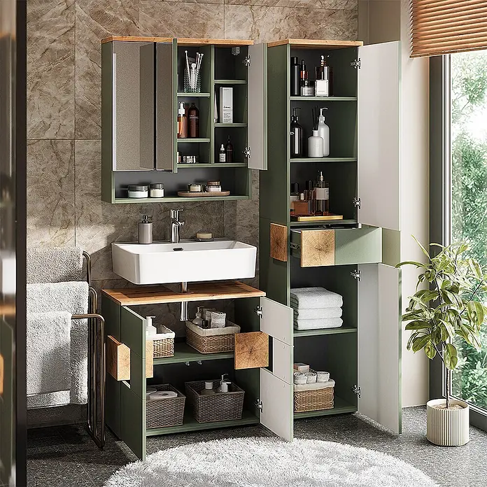 Vicco Badmöbel-Set Eden Grün 3 Teile - Gesamtbreite Badmöbel: 113,1 cm, Grün, Matt - Grüner Badezimmerschrank mit Waschbecken, Spiegelschrank und hohem Stauraumschrank, alle mit Naturholzdetails.