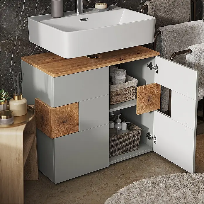 Vicco Badmöbel-Set Eden Grau 3 Teile - Gesamtbreite Badmöbel: 113,1 cm, Grau, Matt - Grauer und hölzerner Badezimmerschrank mit weißem Waschbecken, offen mit Stauraum.