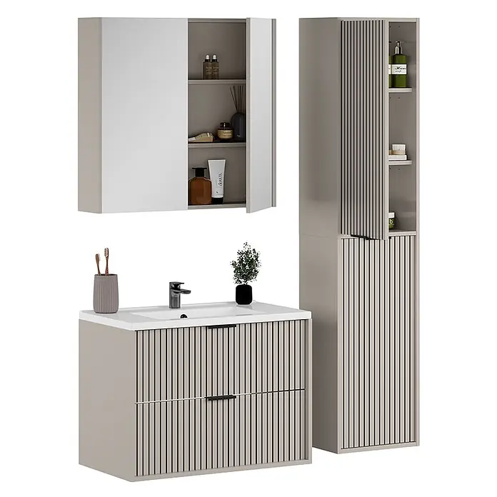 Vicco Badmöbel-Set Ruford Cashmere 4 Teile - Cashmere, Matt - Beiges Badmöbelset mit Waschtischunterschrank, Wandschrank und Hochschrank, alle mit modernem Lamellendesign.