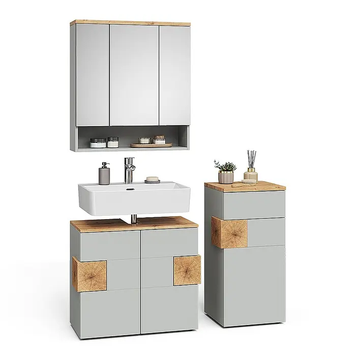 Vicco Badmöbel-Set Eden Grau 3 Teile - Gesamtbreite Badmöbel: 113,1 cm, Grau, Matt - Modernes hellgraues Badmöbel-Set mit Naturholz-Akzenten, bestehend aus Spiegelschrank, Waschtischunterschrank und Hochschrank.