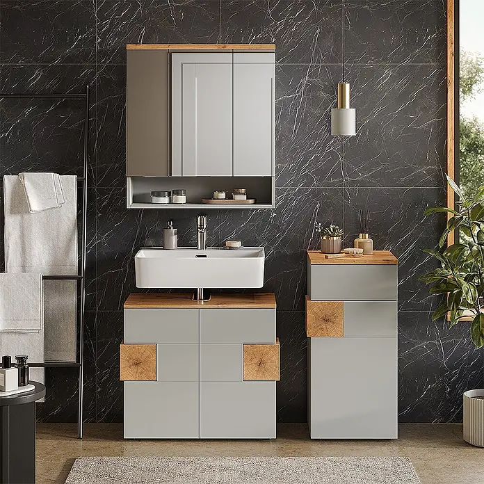 Vicco Badmöbel-Set Eden Grau 3 Teile - Gesamtbreite Badmöbel: 113,1 cm, Grau, Matt - Hellgraues Badmöbel-Set mit integriertem Waschbecken, passendem Wandschrank und hohem Stauraumschrank, mit warmen Holzdekor-Akzenten.