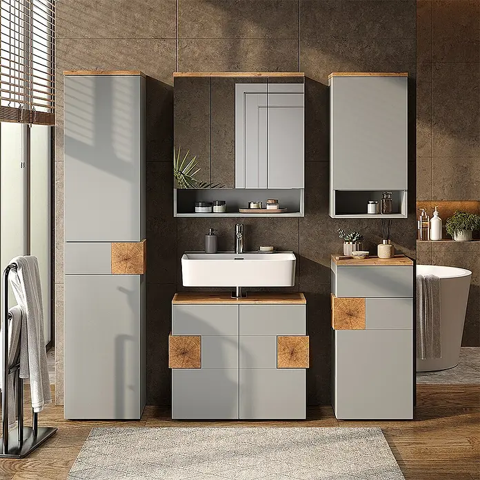 Vicco Badmöbel-Set Eden Grau 3 Teile - Gesamtbreite Badmöbel: 113,1 cm, Grau, Matt - Modernes hellgraues Badmöbel-Set mit Naturholz-Akzenten, bestehend aus Waschtisch mit weißem Waschbecken, Hochschränken und Spiegelschrank.