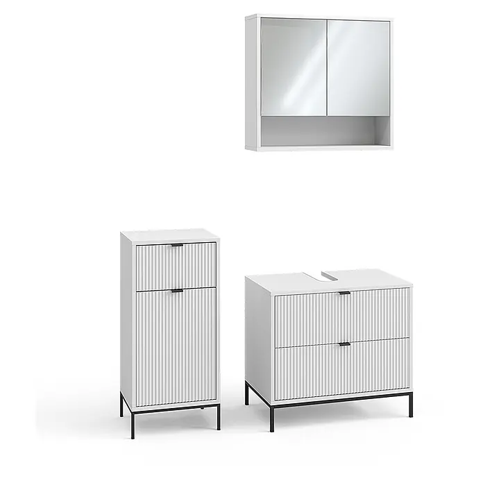 Vicco Badmöbel-Set Eliza Weiß 3 Teile - Weiß, Matt - Weißes, geriffeltes Badmöbelset: Spiegelschrank, Hochschrank und Waschtischunterschrank mit schwarzen Griffen und Beinen.