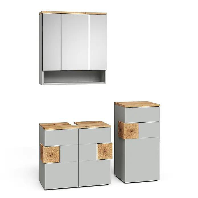 Vicco Badmöbel-Set Eden Grau 3 Teile - Gesamtbreite Badmöbel: 113,1 cm, Grau, Matt - Hellgraues Badmöbel-Set mit Holzapplikationen, bestehend aus Spiegelschrank, Waschtischunterbau und Hochschrank.