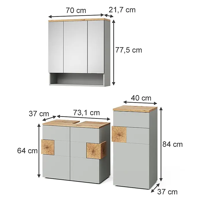 Vicco Badmöbel-Set Eden Grau 3 Teile - Gesamtbreite Badmöbel: 113,1 cm, Grau, Matt - Hellgraues Badmöbel-Set mit Holzplatten und Akzenten, bestehend aus Spiegelschrank, Waschtischunterschrank und Hochschrank.