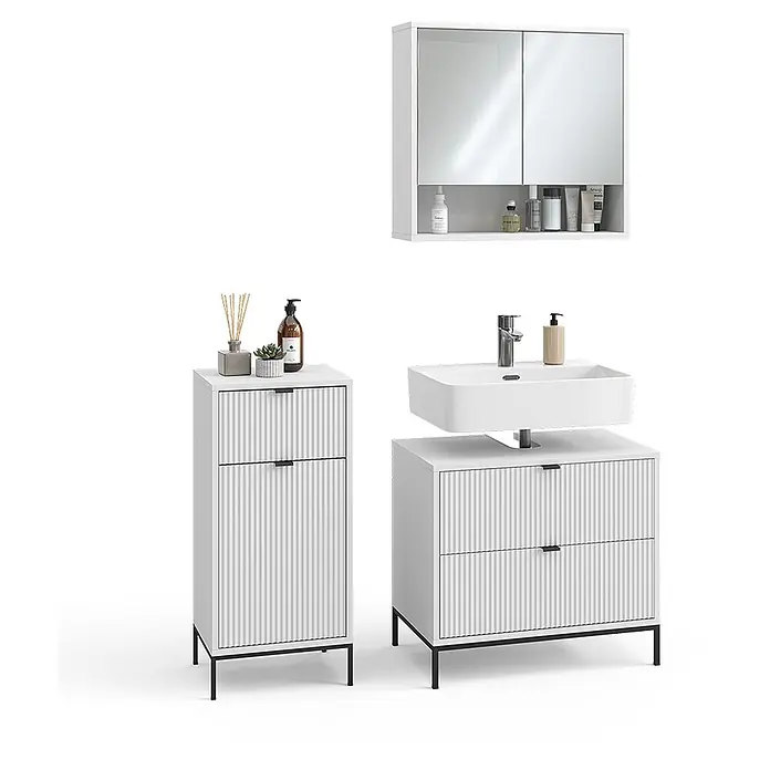 Vicco Badmöbel-Set Eliza Weiß 3 Teile - Weiß, Matt - Weißes geripptes Badezimmermöbel-Set mit Waschbeckenunterschrank, Spiegelschrank und hohem Schrank, schwarzen Beinen und Griffen.