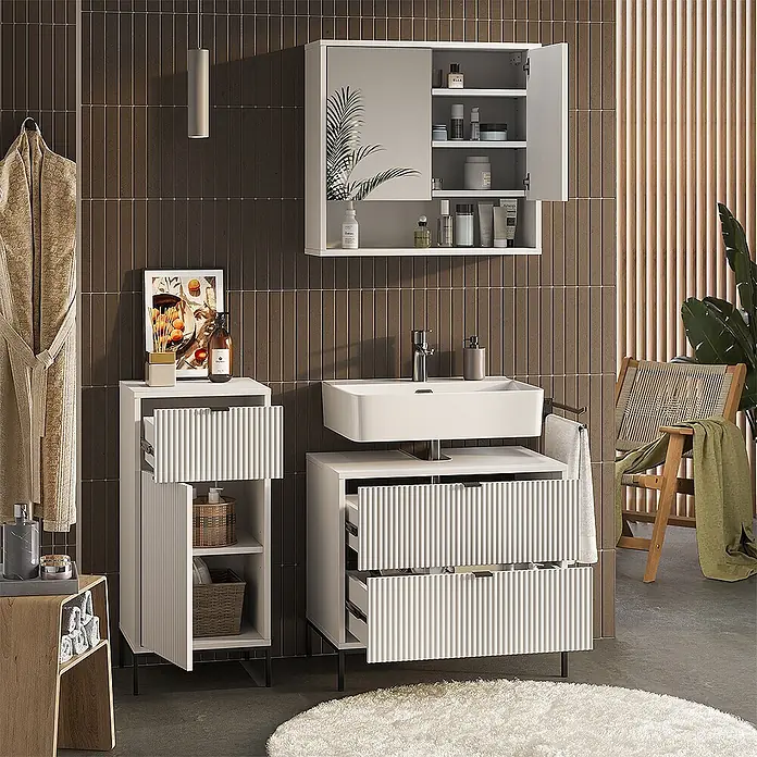 Vicco Badmöbel-Set Eliza Weiß 3 Teile - Weiß, Matt - Weißes geripptes Badmöbel-Set mit Waschbeckenunterschrank, Hochschrank und Spiegelschrank.