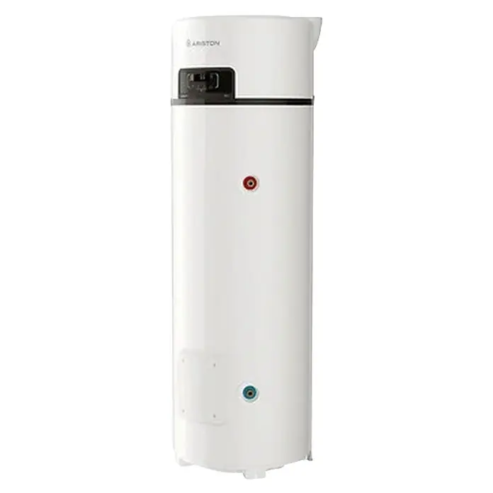 Ariston Bomba de calor Nuos Fit S2 Wifi - 250 l, 1.800 W - Calentador de agua vertical blanco Ariston con panel de control negro y conexiones rojas y azules en el frente.