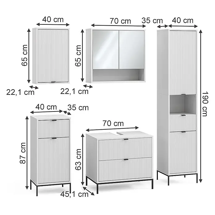 Vicco Badmöbel-Set Eliza Weiß 5 Teile - Weiß, Matt - Weißes Badmöbel-Set mit gerillten Fronten, Schränken und Waschtischunterschrank, inklusive Maßen.