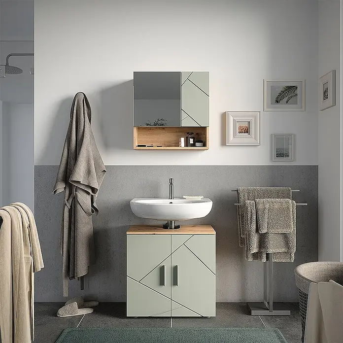 Vicco Badmöbel-Set Irma Salbeigrün 2 Teile - Salbeigrün, Glänzend - Moderner Badezimmerschrank mit Salbeigrün-Fronten, Holzplatte, weißem Waschbecken und passendem Spiegelschrank.