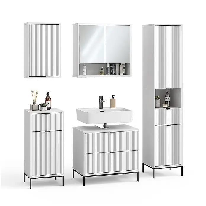 Vicco Badmöbel-Set Eliza Weiß 5 Teile - Weiß, Matt - Weißes Badmöbelset mit Rillenstruktur: Wandschränke, Hochschrank und Waschtisch mit Waschbecken, auf schwarzen Metallbeinen.