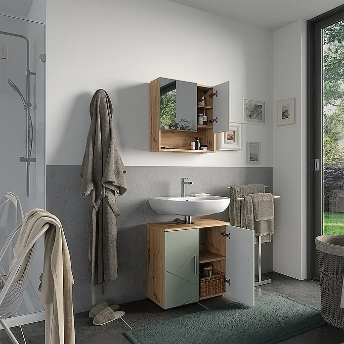 Vicco Badmöbel-Set Irma Salbeigrün 2 Teile - Salbeigrün, Glänzend - Modernes Badezimmer mit Waschtischunterschrank in Holzoptik und mintgrüner Tür sowie passendem Spiegelschrank. Beide bieten Stauraum.