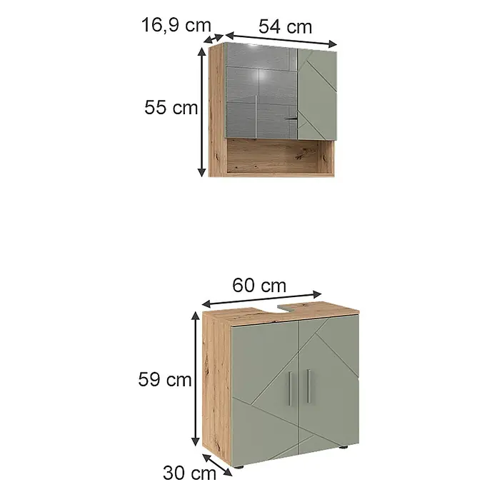 Vicco Badmöbel-Set Irma Salbeigrün 2 Teile - Salbeigrün, Glänzend - Zwei Badschränke aus hellem Holz und Salbeigrün. Ein Wandschrank mit Spiegel und ein Waschtischunterschrank mit zwei Türen.