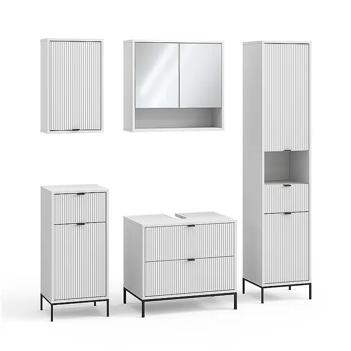 Vicco Badmöbel-Set Eliza Weiß 5 Teile - Weiß, Matt - Weißes geriffeltes Badmöbel-Set mit schwarzen Akzenten: Wandschränke, Hochschrank, Waschtischunterschrank und Beistellschrank.