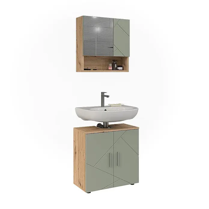 Vicco Badmöbel-Set Irma Salbeigrün 2 Teile - Salbeigrün, Glänzend - Badmöbel-Set in Salbeigrün und Holzoptik mit geometrischen Türen, integriertem Waschbecken und passendem Spiegelschrank mit offenem Fach.