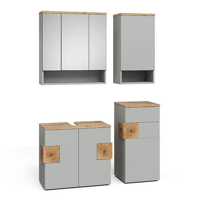 Vicco Badmöbel-Set Eden Grau 4 Teile - Gesamtbreite Badmöbel: 113,1 cm, Grau, Matt - Graues Badmöbel-Set mit Holzplatten und Akzenten, inkl. Schränken und Spiegelschrank.
