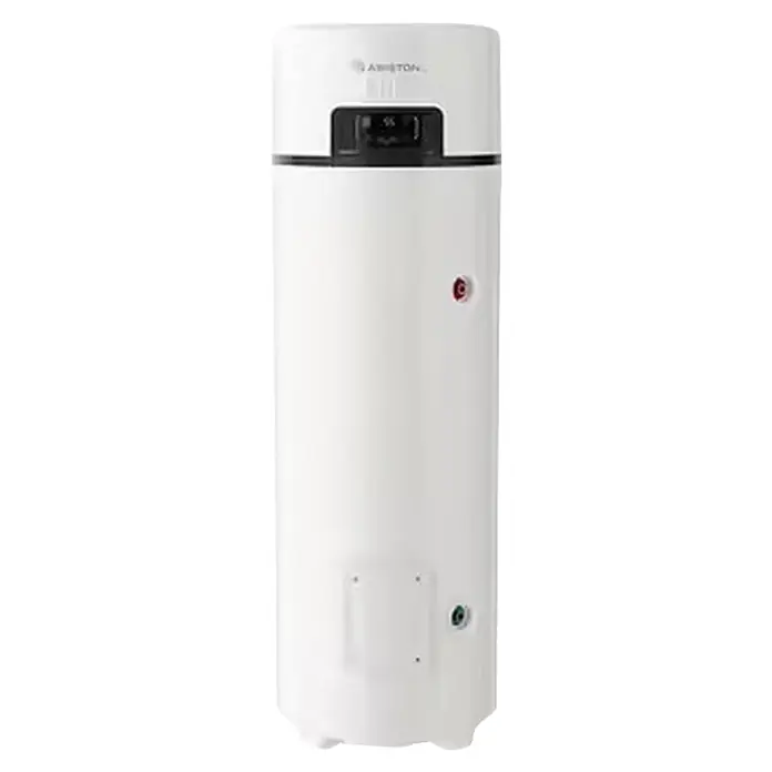 Ariston Bomba de calor Nuos Fit S2 Wifi - 250 l, 1.800 W - Calentador de agua cilíndrico Ariston blanco con panel de visualización negro y puertos laterales.