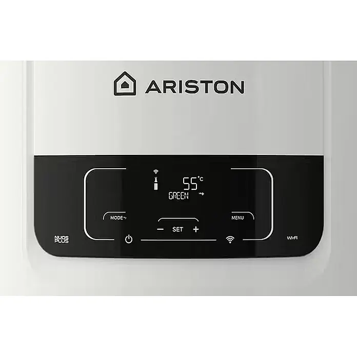 Ariston Bomba de calor Nuos Fit S2 Wifi - 250 l, 1.800 W - Calentador de agua Ariston con panel de control digital negro que muestra 55°C, modo 'GREEN' y controles táctiles para configuración y Wi-Fi.