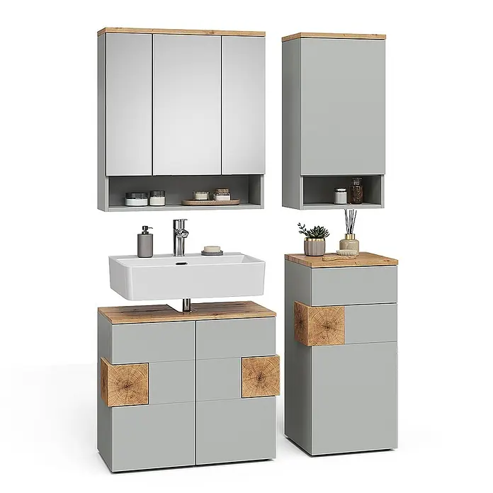 Vicco Badmöbel-Set Eden Grau 4 Teile - Gesamtbreite Badmöbel: 113,1 cm, Grau, Matt - Hellgraue Badmöbelgarnitur mit Holzdetails: Spiegelschrank, Waschtischunterschrank und Hochschrank.