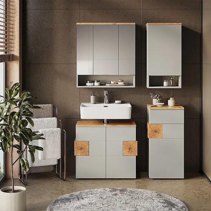 Vicco Badmöbel-Set Eden Grau 4 Teile - Gesamtbreite Badmöbel: 113,1 cm, Grau, Matt - Modernes Badezimmermöbel-Set mit hellgrauen Schränken, Holzdetails, weißem Waschbecken und Spiegelschrank.