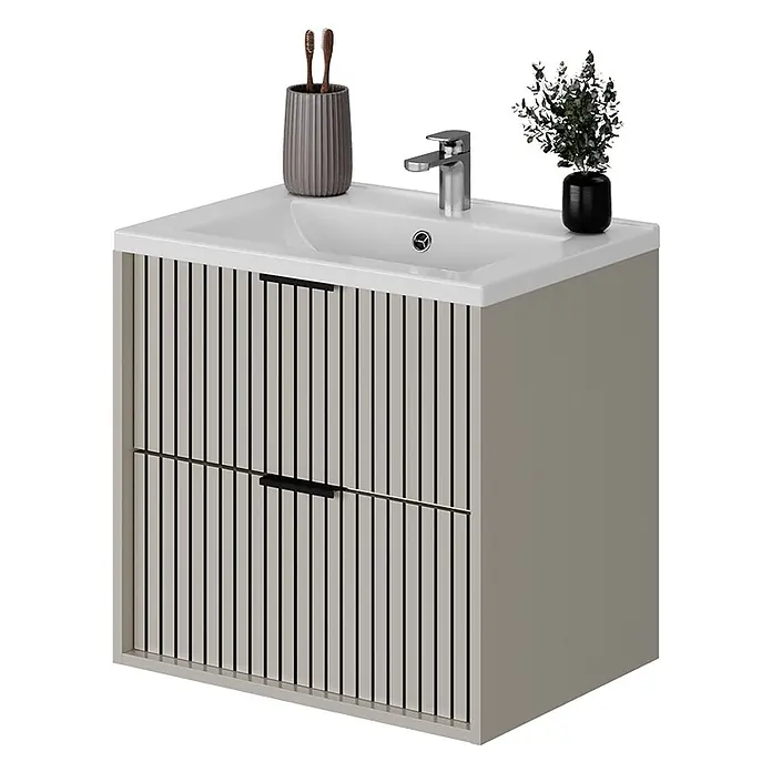 Vicco Badmöbel-Set Ruford Cashmere mit Waschbecken - Cashmere, Matt - Badezimmermöbel mit weißem Keramikwaschbecken, hellbeigem Schrank mit schwarzen Vertikallamellen und mattschwarzen Griffen. Inkl. Zahnbürstenhalter und Pflanze.
