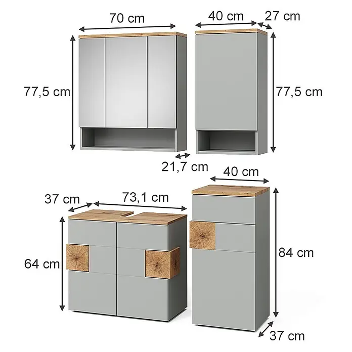 Vicco Badmöbel-Set Eden Grau 4 Teile - Gesamtbreite Badmöbel: 113,1 cm, Grau, Matt - Graues Badezimmermöbel-Set mit Holzoptik-Oberflächen und Akzenten, bestehend aus Spiegelschränken, einem Waschtischunterschrank und Hochschränken.