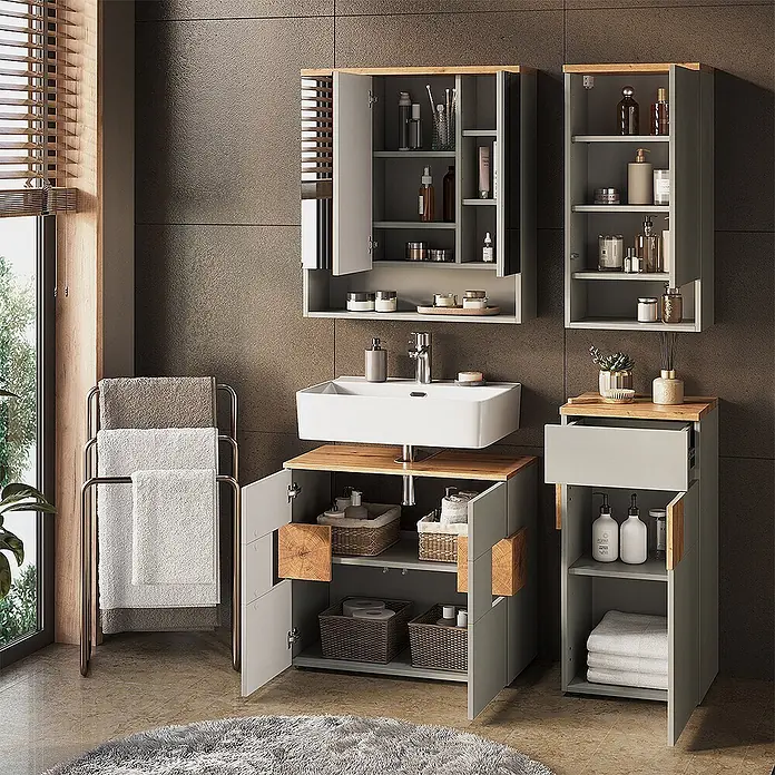 Vicco Badmöbel-Set Eden Grau 4 Teile - Gesamtbreite Badmöbel: 113,1 cm, Grau, Matt - Modernes graues Badmöbel-Set mit Holzdetails, Waschtisch, Spiegelschrank und Beistellschrank.