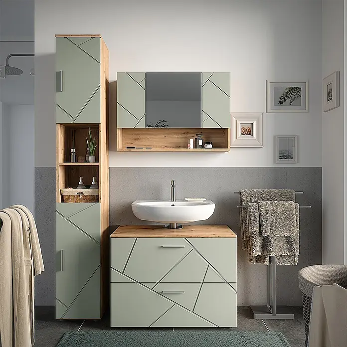 Vicco Badmöbel-Set Irma Salbeigrün 3 Teile - Salbeigrün, Glänzend - Moderne Badmöbel in Hellgrün mit Holzdetails. Set bestehend aus Hochschrank, Waschtischunterschrank und Spiegelschrank mit geometrischen Fronten.
