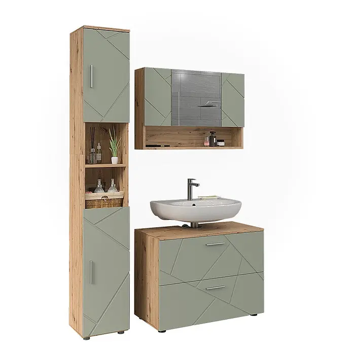 Vicco Badmöbel-Set Irma Salbeigrün 3 Teile - Salbeigrün, Glänzend - Badmöbel-Set: Holzoptik-Schränke mit salbeigrün-gemusterten Fronten. Hochschrank, Waschtisch und Spiegelschrank inklusive.