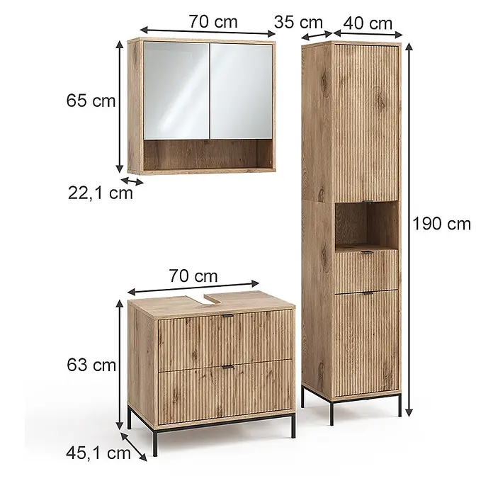 Vicco Badmöbel-Set Eliza Viking Oak 3 Teile - Viking Oak, Matt - Dreiteiliges Badmöbelset aus hellem Holz mit gerippter Textur und schwarzen Akzenten: Spiegelschrank, Waschtischunterschrank und Hochschrank.